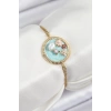 316L Çelik Zincir Turkuaz Mineli Sanatsal Portre İnci Detaylı Çiçek Model Gold Renk Kadın Bileklik