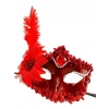 Kırmızı Mat Renk Yandan Tüylü Güllü Parti Balo Venedik Maskesi 16x22