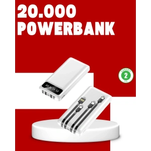 Mey İthalat® 20.000mAh PD Powerbank LED Işık LCD Ekran Dahili Kablo Çoklu Giriş