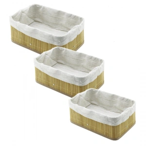 3 BOY DİKDÖRTGEN BAMBU KENAR ORGANİZER SEPET AHŞAP ALTLIK - BEZLİ 13X20-16X24-20X31CM (5047)