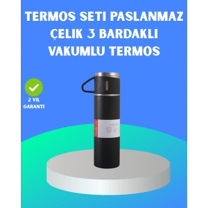 Mey İthalat® 304 Çelik Termos Seti | 2 Bardaklı, 500 ml, Uzun Süre Isı Koruma