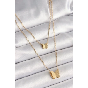 316L Çelik Gold Renk 2Li Simli Kelebek Model Kadın Kolye