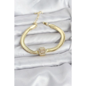316L Çelik Gold Renk Baget Zirkon Taşlı Yılan Zincirli Kadın Bileklik