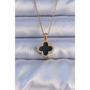 Mey İthalat® 316L Çelik Gold Renk Siyah Mineli Zirkon Taşlı Yonca Figürlü Kolye