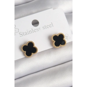 Mey İthalat® 316L Çelik Gold Renk Siyah Yonca Model Kadın Küpe