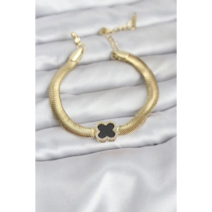 316L Çelik Gold Renk Siyah Yonca Model Zirkon Taşlı Yılan Zincirli Kadın Bileklik