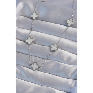 316L Çelik Gümüş Renk Beyaz Sedefli Yonca Kolye