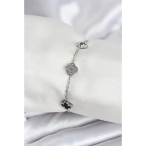 316L Çelik Gümüş Renk Siyah ve Zirkon Taşlı Baby Boy Yonca Kadın Bileklik