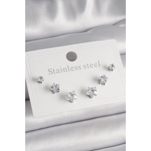 316L Çelik Gümüş Renk Zirkon Taşlı Yıldız Model Kadın Küpe Seti