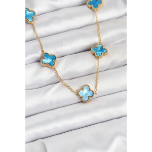 316L Çelik Zincir Gold Buz Mavisi Renk Yonca Kolye