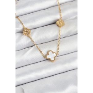 316L Çelik Zincir Gold Renk Beyaz ve Zirkon Taşlı Yonca Kadın Kolye