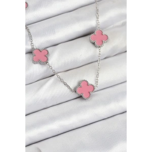 316L Çelik Zincir Gümüş Pembe Renk Yonca Kadın Kolye