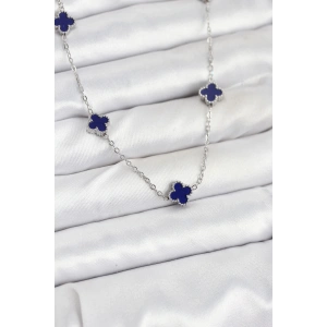 316L Çelik Zincir Gümüş Renk Lacivert Baby Boy Yonca Kadın Kolye