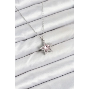 316L Çelik Zincir Gümüş Renk Pembe Taşlı Yıldız Model Kadın Kolye