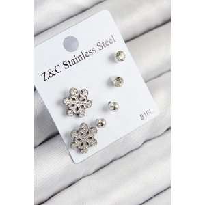 316L Çelik Zirkon Taşlı Kar Tanesi Model Gümüş Renk Kadın Set Küpe