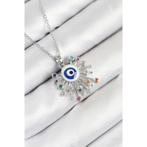 316L Çelik Zirkon Taşlı Nazar Model Gümüş Renk Kadın Kolye