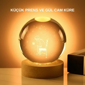 Mey İthalat® 8 cm Küçük Prens Cam Küre USB Işıklı Ahşap Tabanlı Dekor