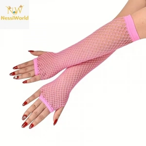 Mey İthalat® 80’ler 90’lar Retro Neon Pembe File Parmaksız Eldiven 26 cm