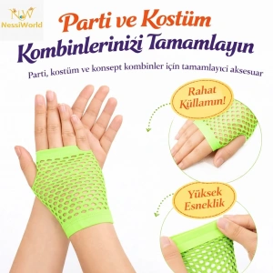 Mey İthalat® 80’ler 90’lar Retro Neon Yeşil File Parmaksız Kısa Eldiven 11 cm