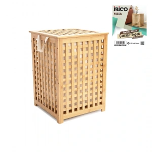 AHŞAP BAMBU KİRLİ ÇAMAŞIR SEPET KUMAŞ ÇANTALI  SEPET=45X45X62CM (5047)