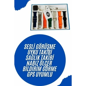 Mey İthalat® Akıllı Saat 7 Kordon Hediyeli Takvim Alarm Nabız Ölçer Bildirim Görme Sesli Görüşme