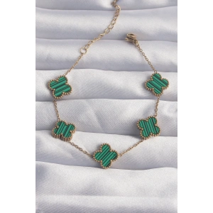 Mey İthalat® 316L Çelik Gold Renk Çizgili Yeşil Mineli Yonca Bileklik