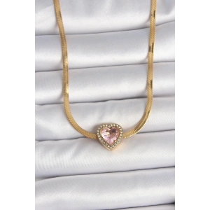 316L Çelik Gold Renk İtalyan Zincir Pembe Zirkon Taşlı Kalp Model Kadın Kolye