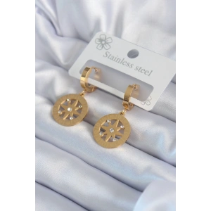 316L Çelik Gold Renk Kutup Yıldızı Model İşleme Detay Zirkon Taşlı Kadın Küpe