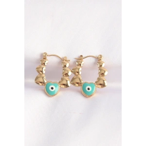 316L Çelik Gold Renk Mavi Nazarlı Kalpli Model Küpe