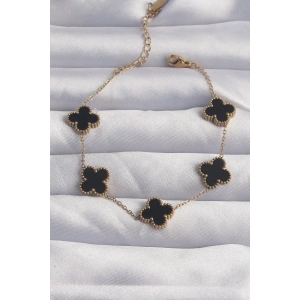 316L Çelik Gold Renk Siyah Mineli Yonca Bileklik