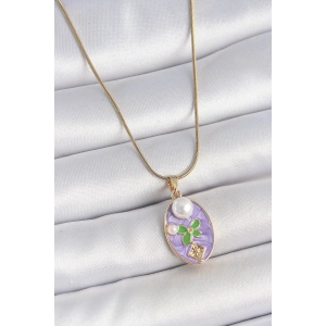 316L Çelik Gold Renk Zincir Mor Mineli Oval İncili Çiçek İşlemeli Portre Model Kadın Kolye