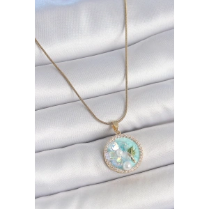 316L Çelik Gold Renk Zincir Zirkon Taş Detaylı Mavi Mineli Çiçek İşlemeli İnci Detay Kadın Kolye