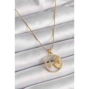 316L Çelik Gold Renk Zincir Zirkon Taşlı Yıldız İşleme Madalyon Model Kadın Kolye
