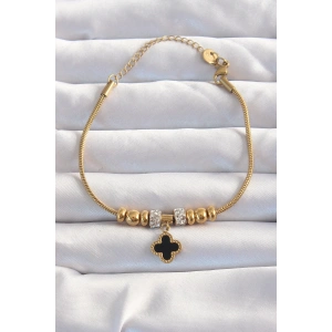 316L Çelik Gold Renk Zirkon Taş Aksesuarlı Siyah Mineli Yonca Bileklik