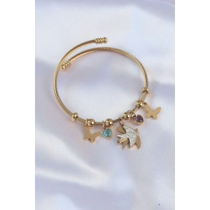 316L Çelik Gold Renk Zirkon Taşlı Minimal Kalp Detay Kelebek Charm Bileklik