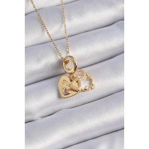 316L Çelik Gold Renk Zirkon Taşlı Sonsuzluk Kalp Figür Charm Model Kadın Kolye