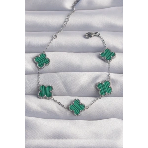 Mey İthalat® 316L Çelik Gümüş Renk Çizgili Yeşil Mineli Yonca Bileklik