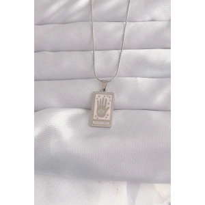 Mey İthalat® 316L Çelik Gümüş Renk Pembe Mineli El Figür Tarot Kolye