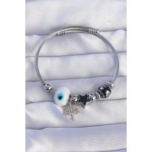 316L Çelik Gümüş Renk Siyah Zirkon Taşlı Yıldız Tasarımlı Ağaç Detay Nazarlı Charm Bileklik