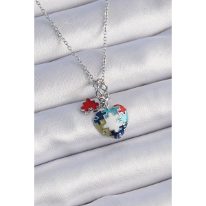 316L Çelik Gümüş Renk Yapboz Motif Kalp Figür Charm Model Kadın Kolye