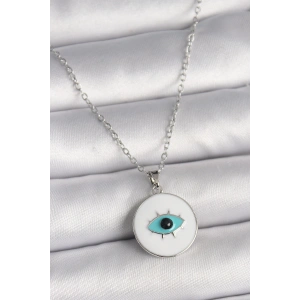 316L Çelik Gümüş Renk Zincir Beyaz Mineli Turkuaz Göz İşleme Model Kadın Kolye