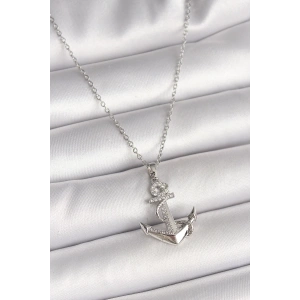 316L Çelik Gümüş Renk Zincir Zirkon Taş Detaylı Çapa Model Kadın Kolye