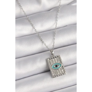 316L Çelik Gümüş Renk Zirkon Taşlı Göz İşleme Detaylı Plaka Model Kadın Kolye