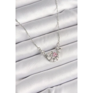 316L Çelik Gümüş Renk Zirkon Taşlı Hilal Pembe Kalp Model Kadın Kolye