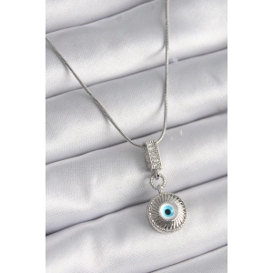 316L Çelik Gümüş Renk Zirkon Taşlı Nazar Boncuk Model Kadın Kolye