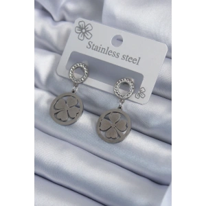 316L Çelik Gümüş Renk Zirkon Taşlı Yonca Model İşleme Detay Kadın Küpe