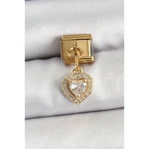 316L Çelik Sallantılı Zirkon Taşlı Kalp Model Gold Renk Nomination Charm