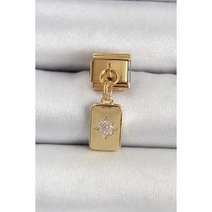 316L Çelik Sallantılı Zirkon Taşlı Kutup Yıldızı Figürlü Dikdörtgen Model Gold Renk Nomination Charm