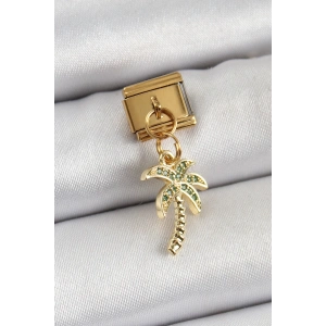 316L Çelik Sallantılı Zirkon Taşlı Palmiye Ağacı Model Gold Renk Nomination Charm