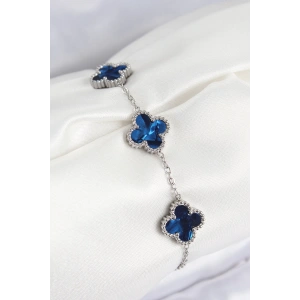 316L Çelik Sedefli Lacivert Gümüş Renk Yonca Kadın Bileklik